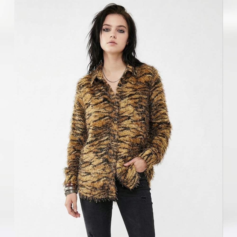 Vintage CDW Blouse Brown Tiger Stripe Eyelash Retro Grunge Sheer Retro XL